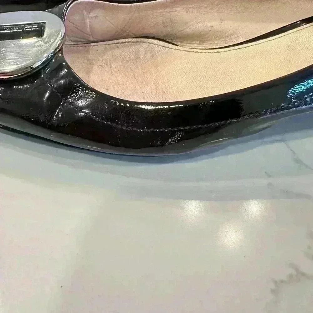 Prada Logo Black Patent Square Toe Low Block Heels Pumps Size 40 - Picture 6 of 12